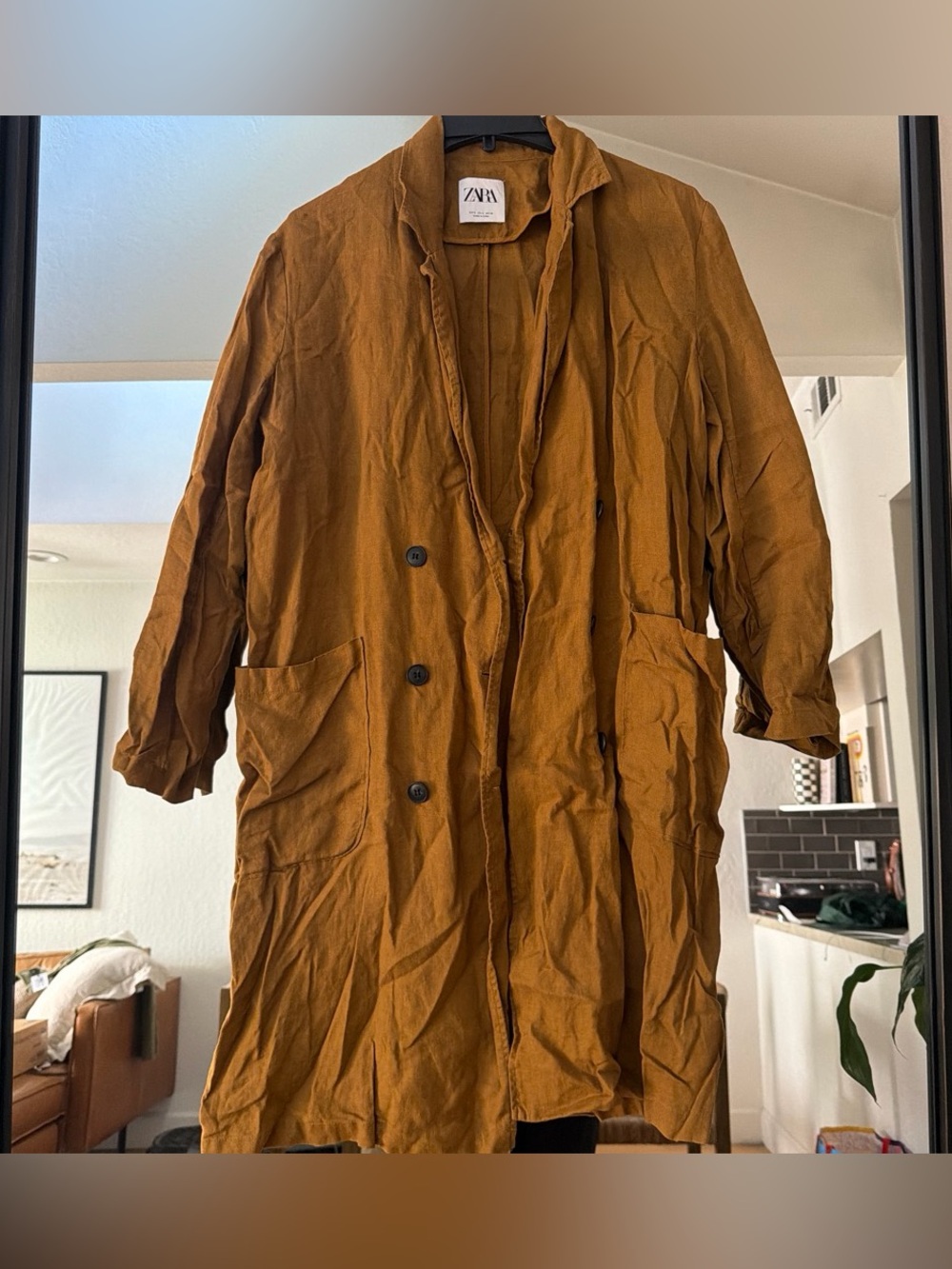 Zara Double-Breasted 100% linen Coat. Size small.